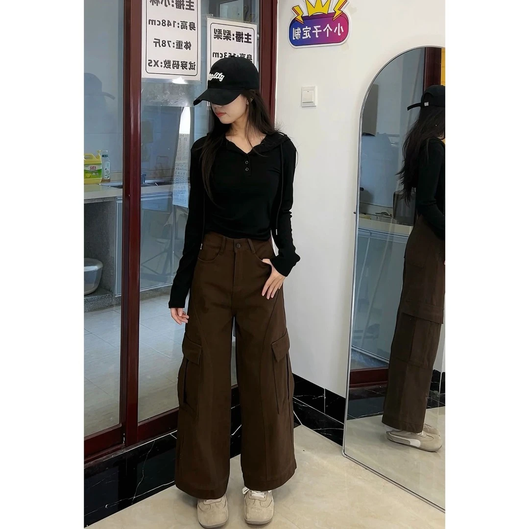 小个子棕咖色牛仔裤女秋冬新款工装裤高腰宽松显瘦阔腿裤拖地长裤