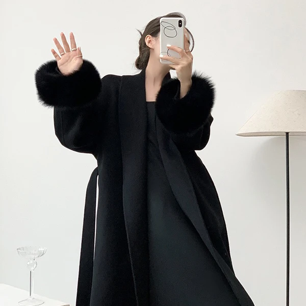 秋冬款双面羊绒羊毛大衣韩版宽松毛呢外套狐狸毛袖毛毛袖长款大衣