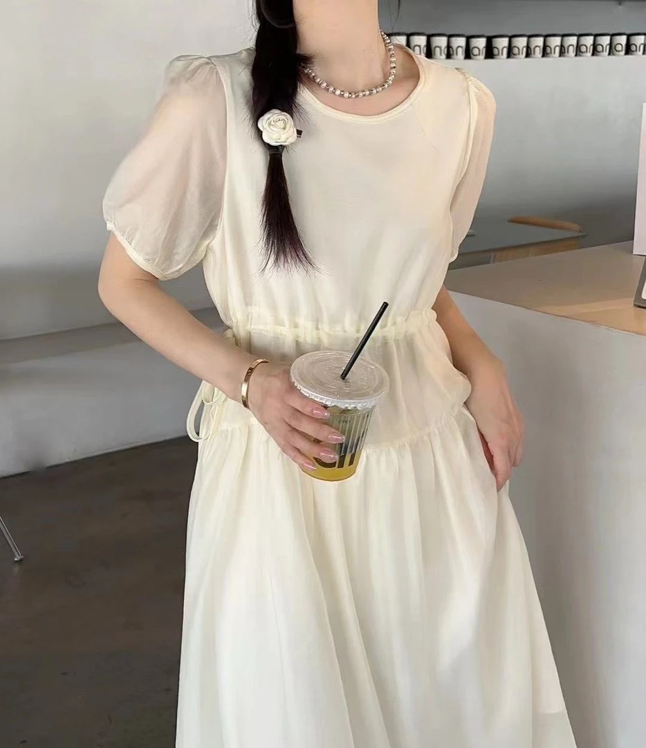 8869款法式方领短袖收腰显瘦高级感宽松仙女夏季气质长款连衣裙