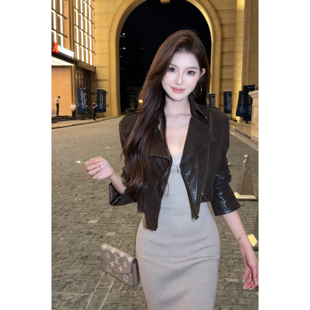 Crainfull 翻领百搭亮面机车夹克PU皮短款外套