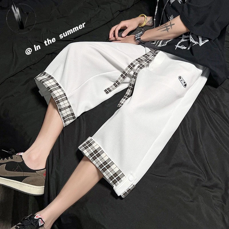 VALVOELITE华夫格七分裤男夏外穿过膝冰丝速干卷边格子潮牌大码运