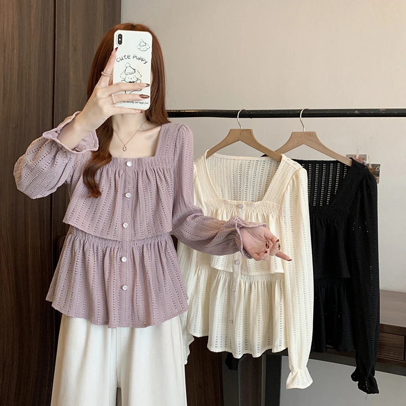 2025春装胖mm大码女装法式荷叶边方领缕空娃娃衫小衫上衣A0939