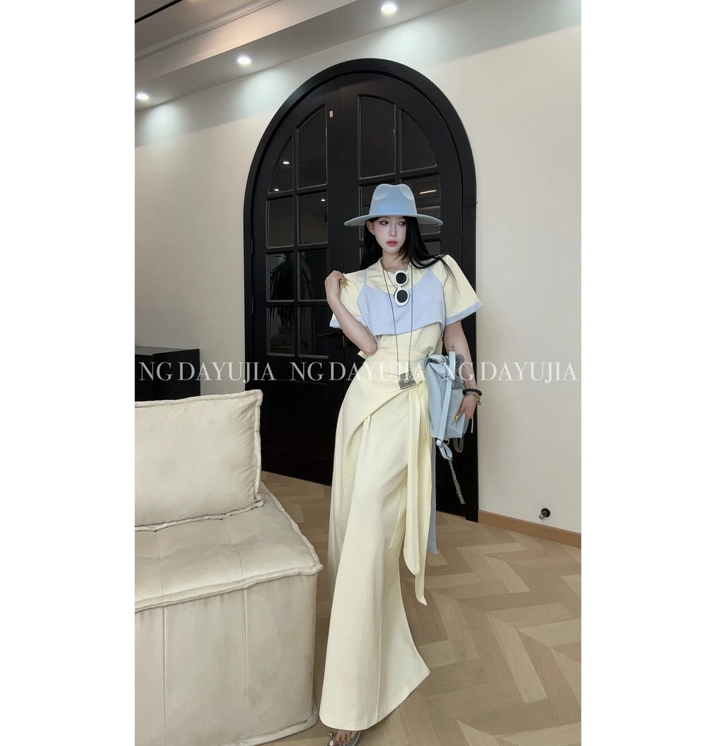 NG DAYU 现货【西雅图假日】自制撞色假两件背心t恤+绑带高腰长裙