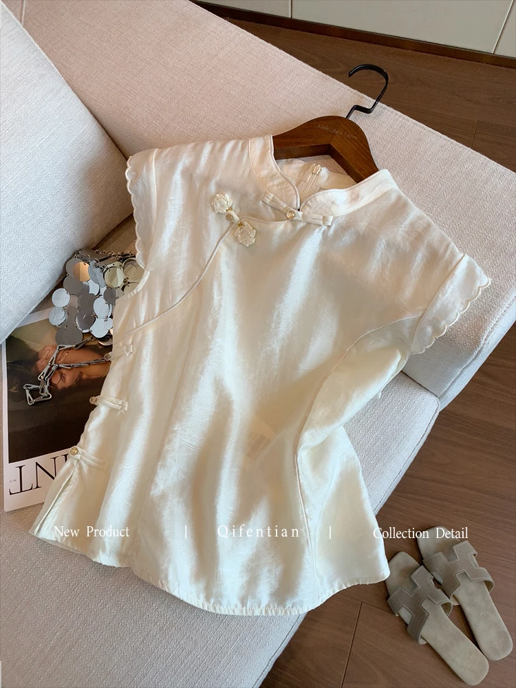 新中式暗纹提花盘扣无袖衬衫女夏新款高级感收腰显瘦气质国风上衣