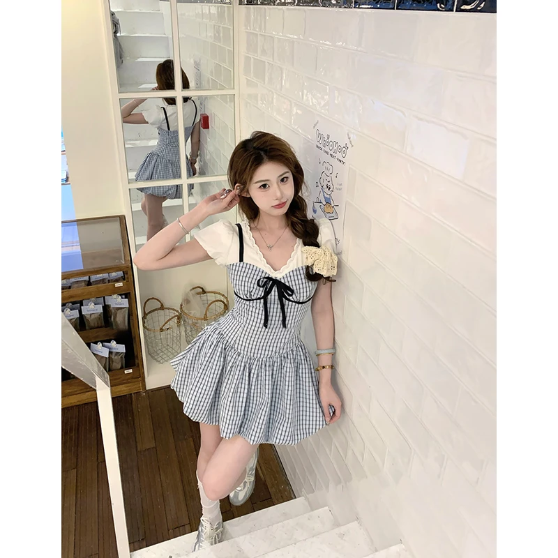 韩系蝴蝶结印花连衣裙女夏季新款修身假两件格子显瘦A字裙T恤裙子