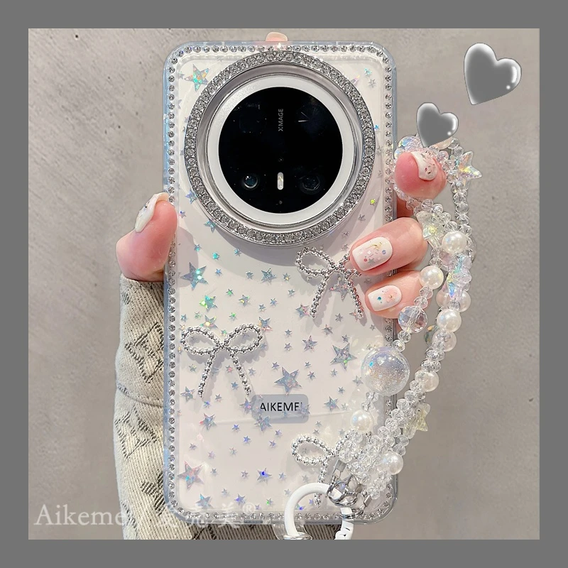 适用华为mate70pro+手机壳透明星星亮片Mate60pro+立体蝴蝶结链条