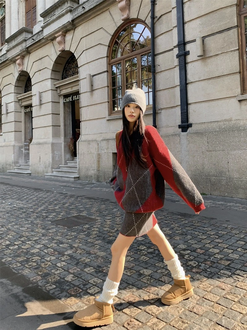 韩版撞色菱格长袖毛衣秋冬气质针织半身裙两件套小香风套装冬季