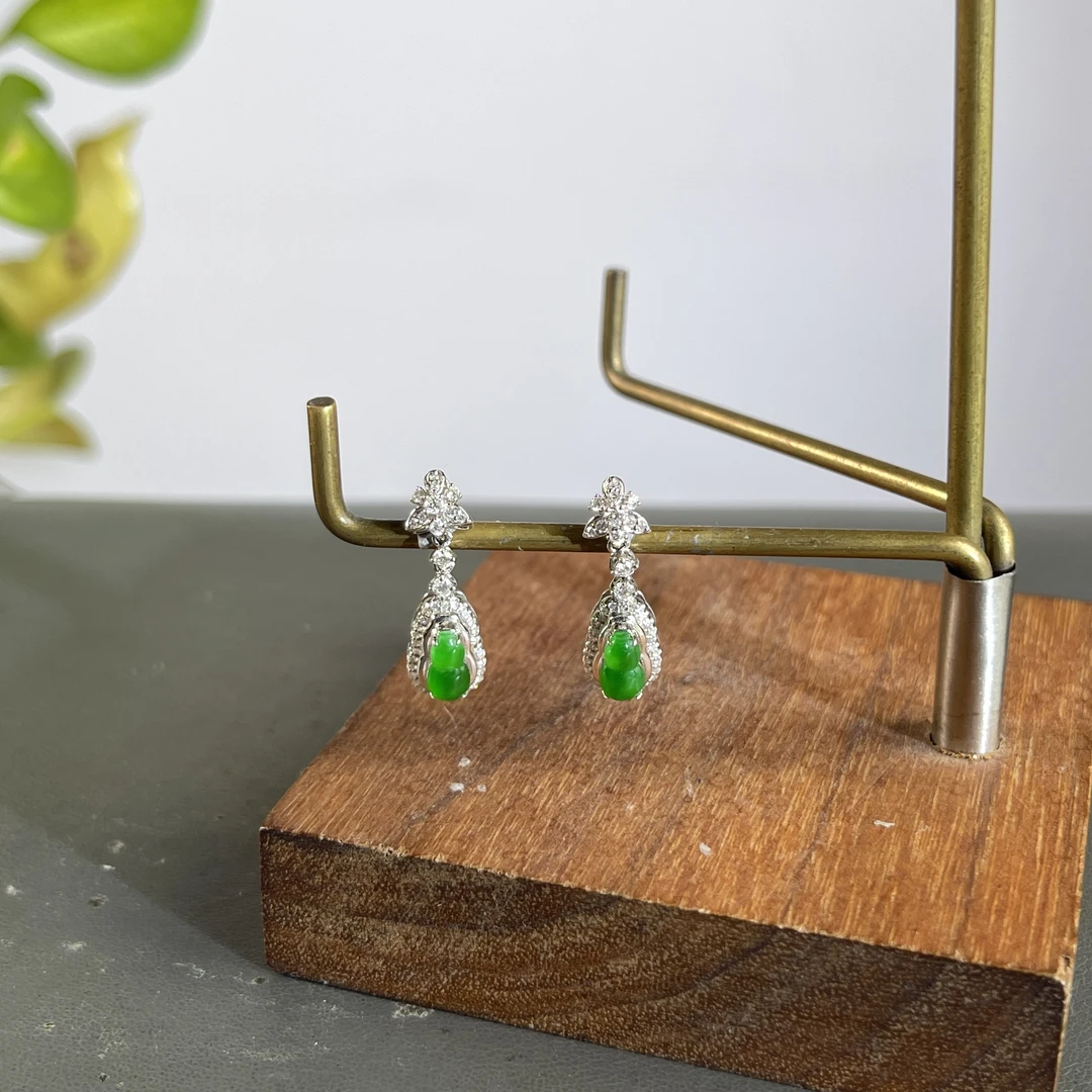 JXA02-180 天然缅甸A货翡翠 18k金钻镶嵌翡翠耳饰一对