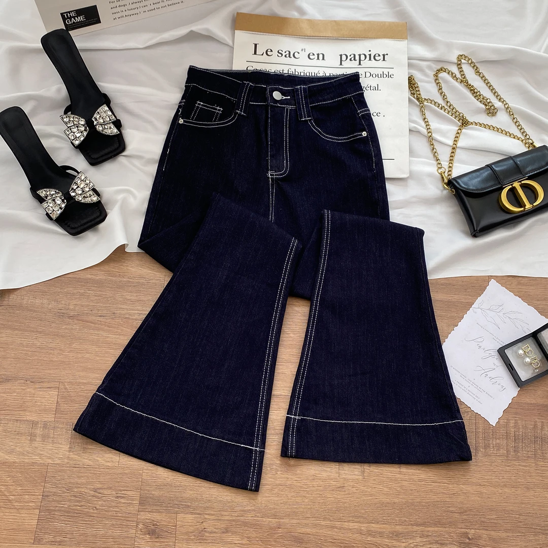 丹宁蓝微喇牛仔裤女秋季2025年新款高腰显瘦修身弹力小个子喇叭裤