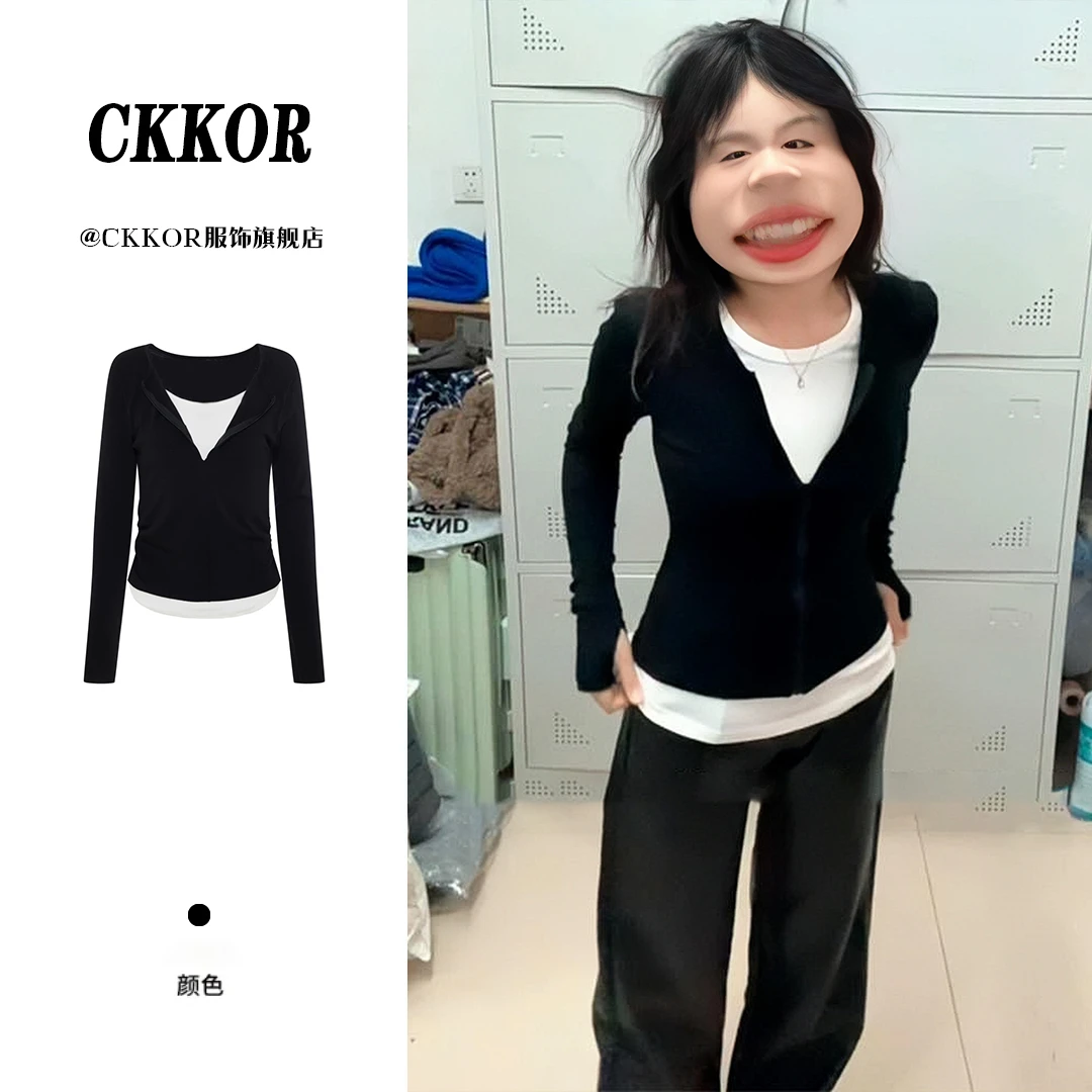 CKKOR辣妹风正肩假两件上衣气质高级感春秋新款修身显瘦长袖t恤女