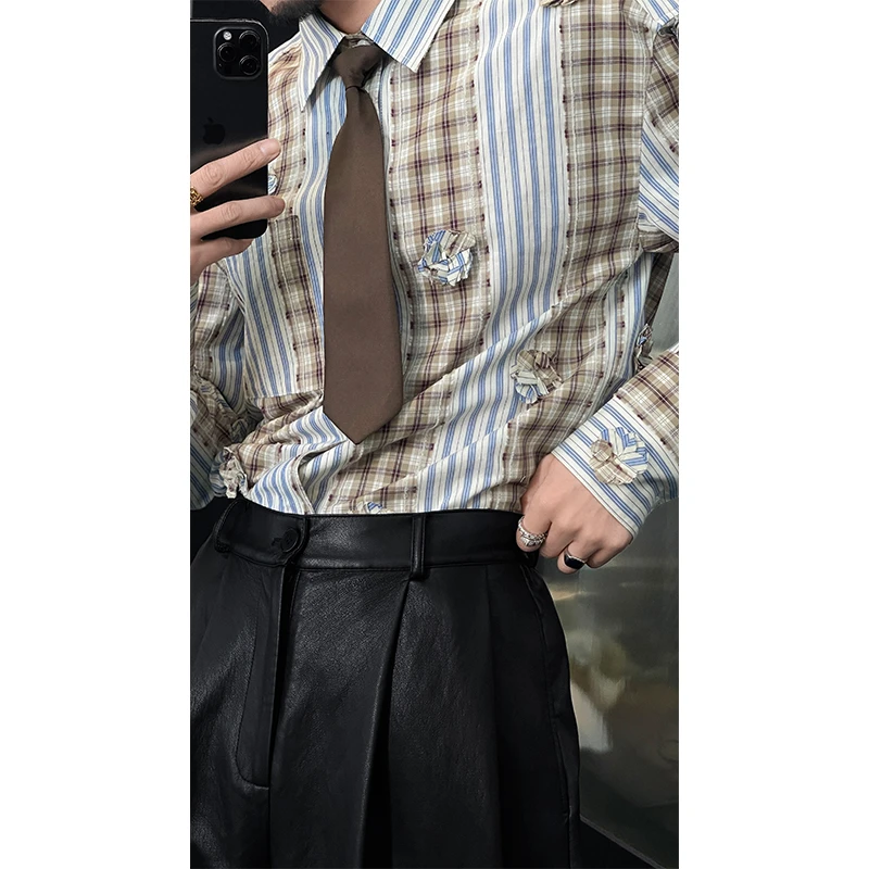 龙叨叨 春季新品高级感复古撞色格纹衬衫男立体花朵设计宽松衬衣