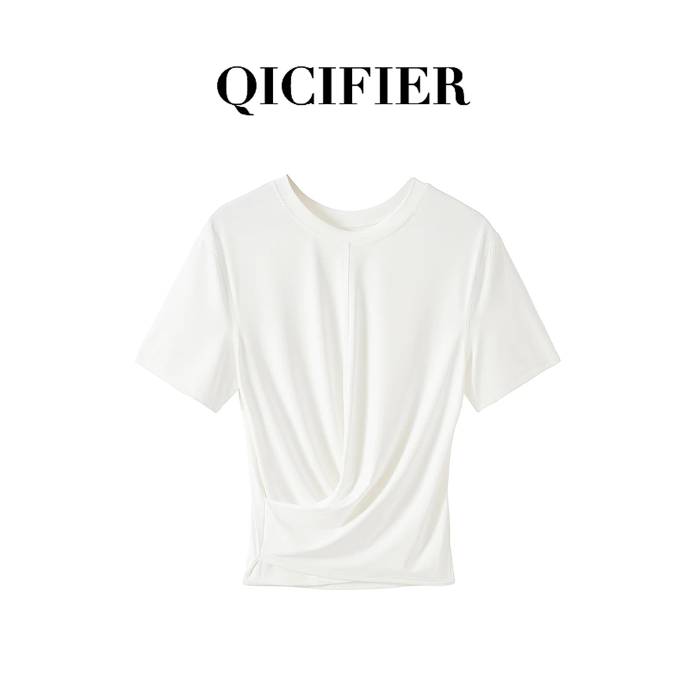 小腰精 奶昔白黑卡防晒褶皱显瘦休闲瑜伽短袖T恤 3055