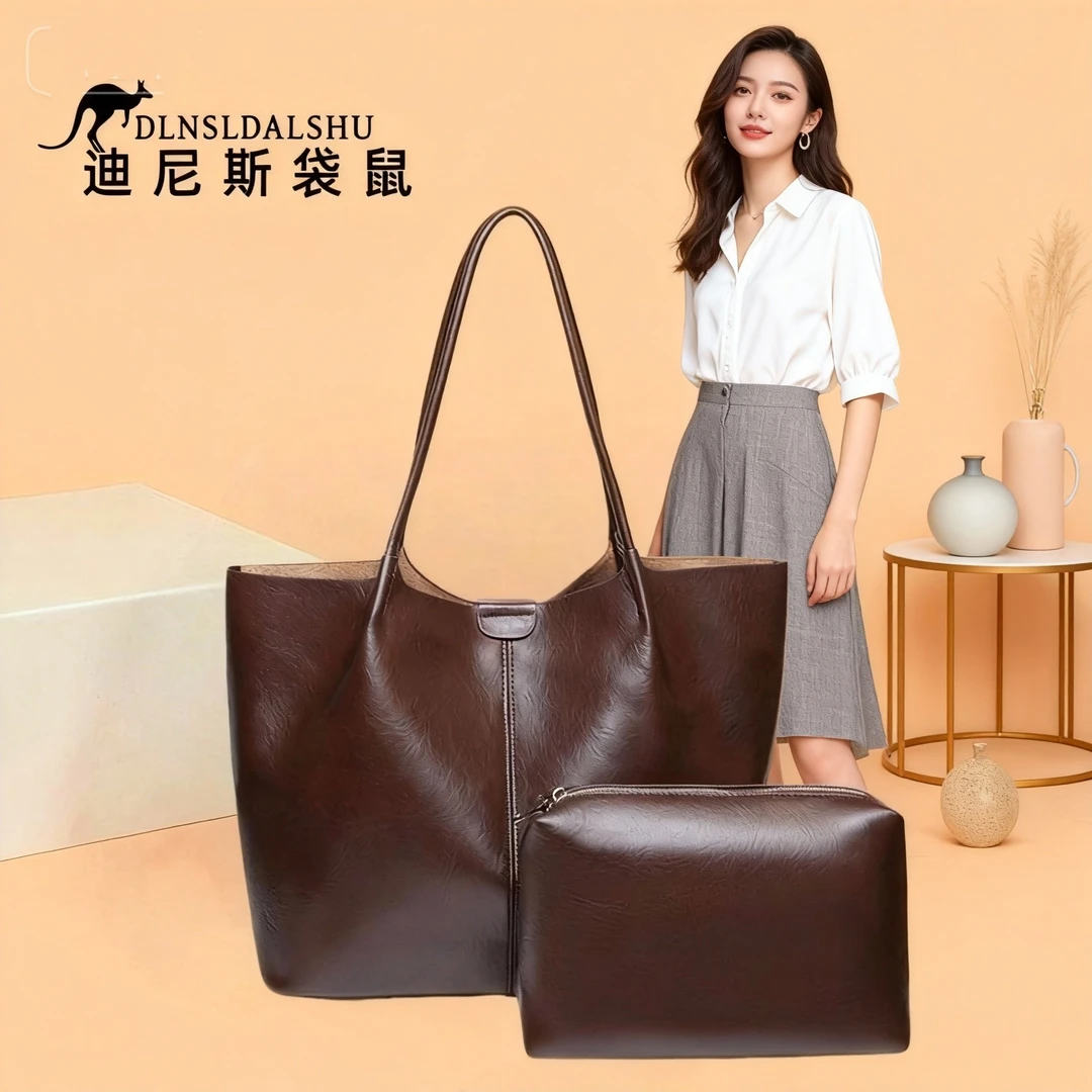 托特复古风纯色单肩包秋冬大容量百搭包包女款爆款真牛皮女包