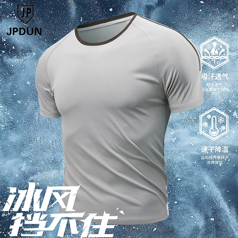 JPDUN夏季薄款冰丝速干短袖t恤男士轻薄透气户外运动休闲圆领上衣