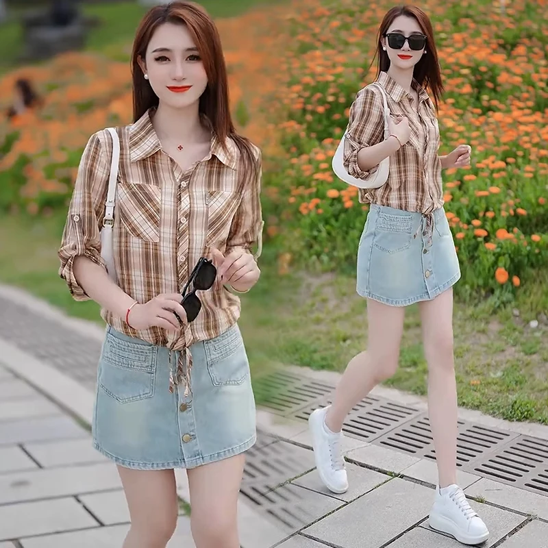 雪纺复古格子衬衫女2025春夏新款薄款宽松遮肚子显瘦衬衣百搭上衣