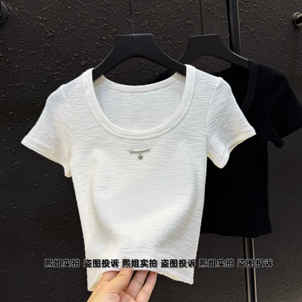 重工字母钻短袖T恤女2025夏季设计感修身显瘦辣妹上衣288#