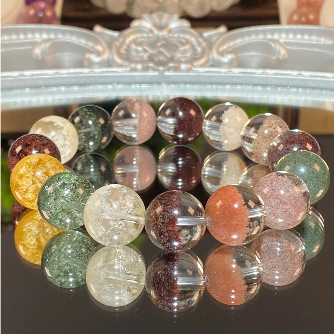 鱼澈 天然四季幽灵13mm聚宝盆手链手链彩幽灵全净半盆男女手串