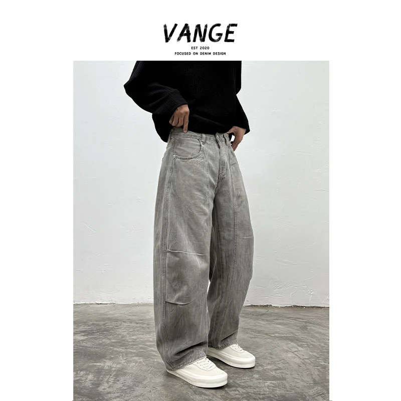 美式裤春季洗水牛仔裤男基础弯刀ins直筒阔腿做旧牛仔裤#566