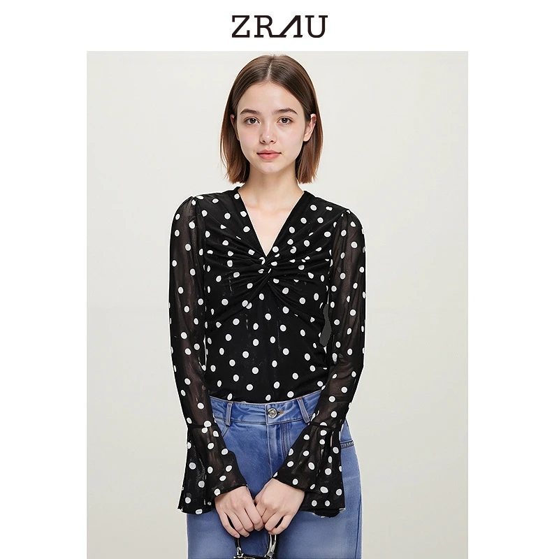 ZRAU复古时尚浪漫圆点小衫女装V领上衣91030431231