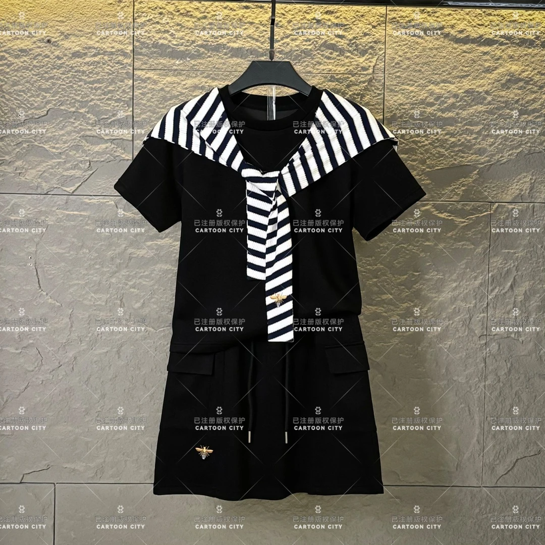 WMA-A448-设计师款丨宽松版夏季透气T恤短裙休闲V领套装