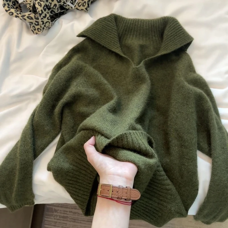 大码女装复古翻领套头毛衣秋冬季2025新款胖mm高级显瘦针织衫上衣