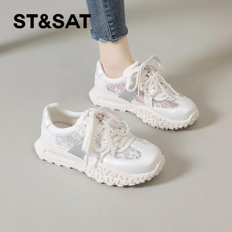 星期六蕾丝小白鞋女2025夏季新款透气网鞋休闲运动鞋显脚小德训鞋