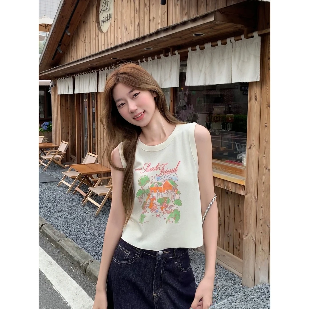 印花针织工字背心吊带女2025夏季小个子修身显瘦短款无袖小衫上衣