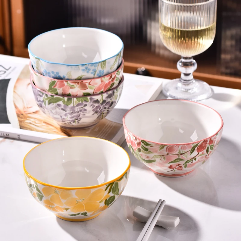 网红爆款一路生花系列四只装创意高颜值米饭碗陶瓷釉下彩小碗饭碗