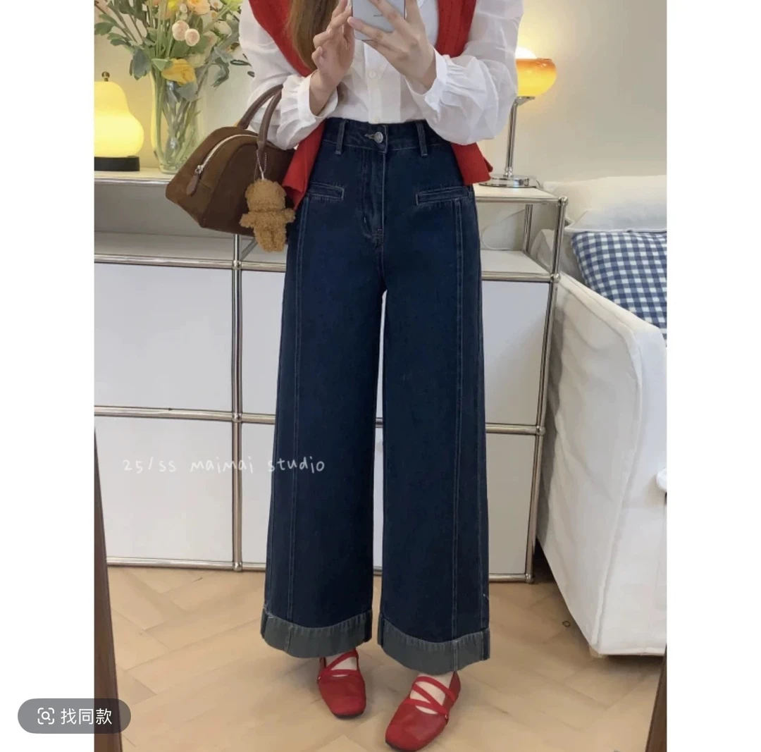 百搭丹宁风高腰深色直筒裤长裤小个子韩版牛仔裤2025女装新款秋季