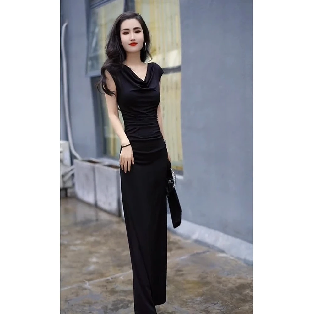 2025夏季新款女法式设计感斜领收腰显瘦包臀连衣裙名媛长裙30145