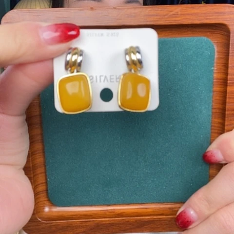 蜜蜡耳饰银S925镶嵌耳吊