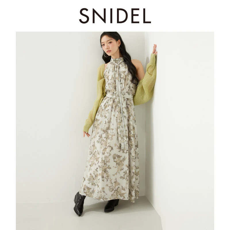 SNIDEL2025春夏新品无袖茶歇印花连衣裙针织开衫两件套SWNO251137