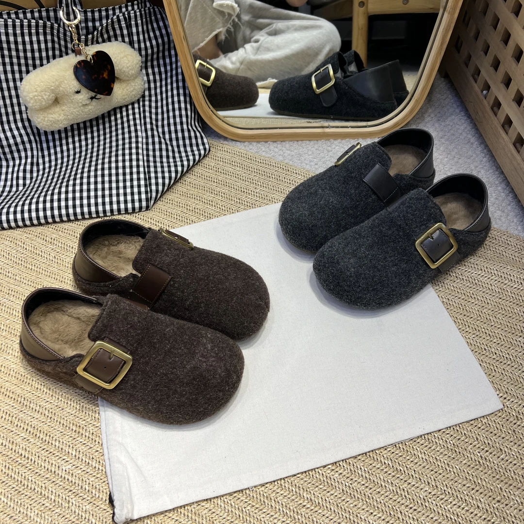 2025新款复古百搭两穿毛呢全包勃肯鞋加绒保暖厚底魔术贴毛毛鞋