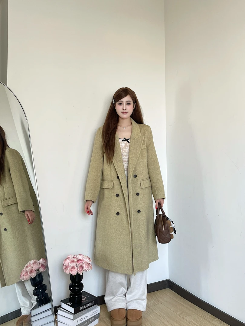 （屋里希专属）秋冬双面西装领双排扣修身人字纹长款气质大衣