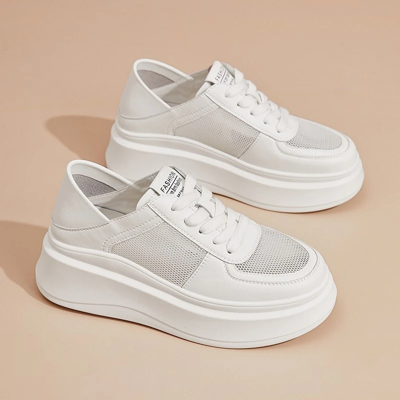 网纱透气厚底板鞋女2025夏季新款百搭增高休闲舒适镂空透气小白鞋