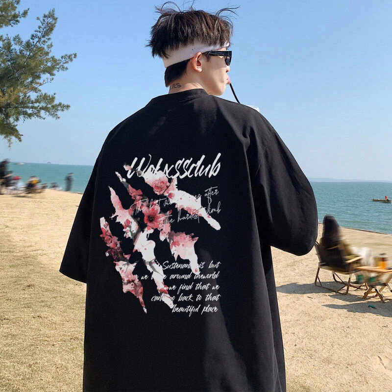 元赫夏季新款美式潮流印花重磅短袖男士学生大码休闲宽松百搭t恤