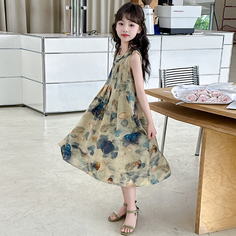 女童夏季连衣裙2025新款洋气无袖背心裙小女孩时髦清凉薄款裙子