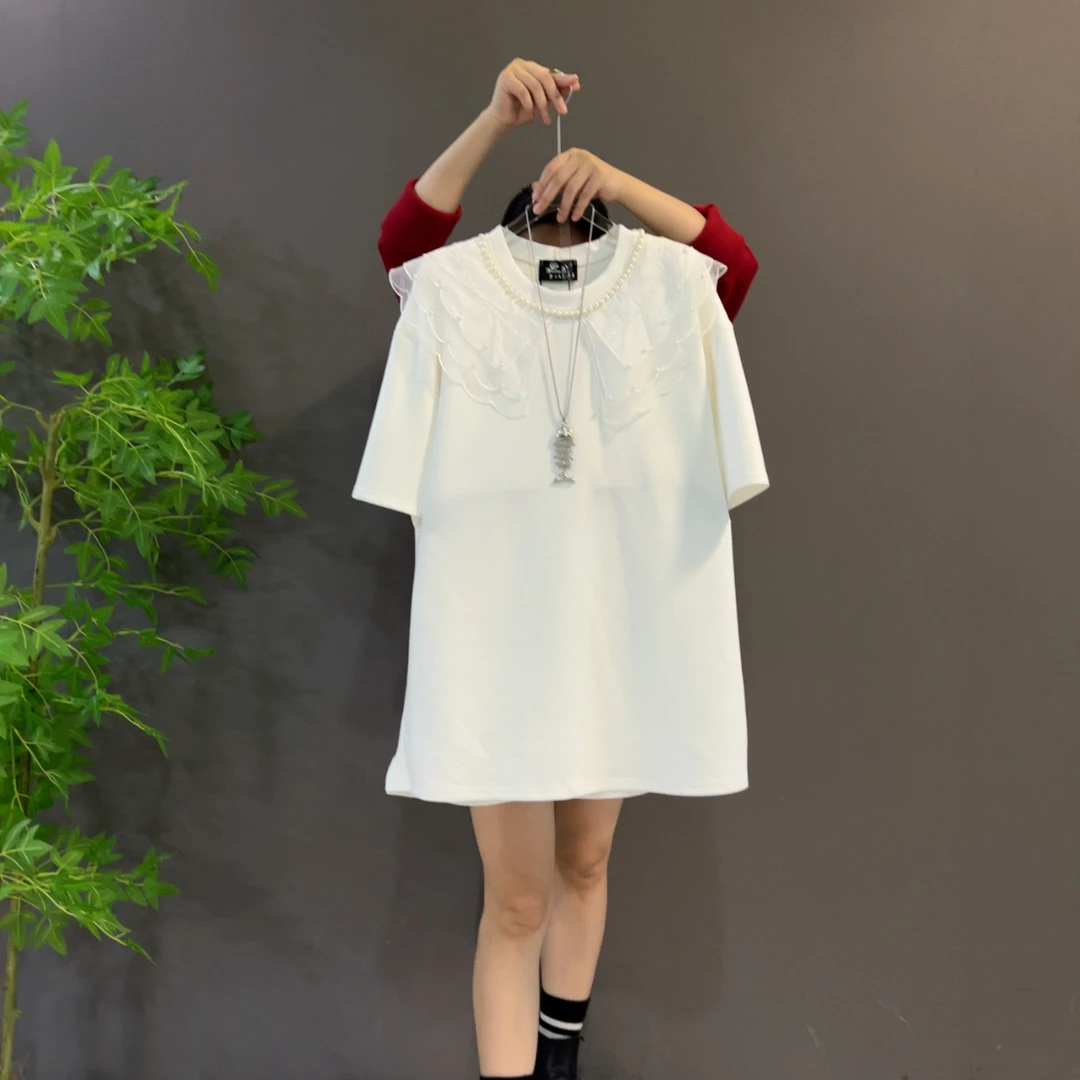 大码女装蕾丝披肩钉珠边短袖上衣韩版淑女风胖妹妹减龄打底小衫