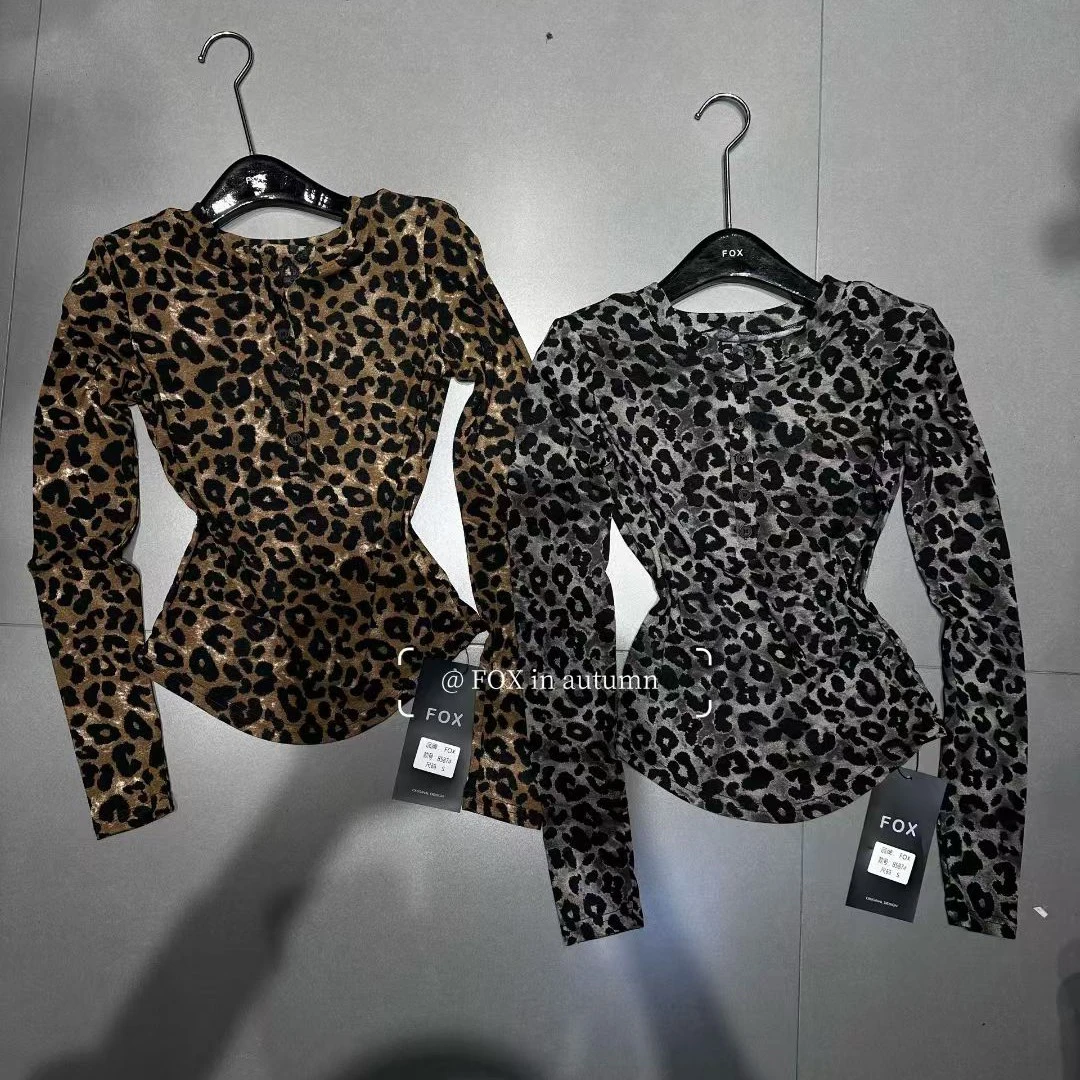 8587豹纹印花短款紧身上衣女辣妹主播服装上镜气质修身长袖T恤