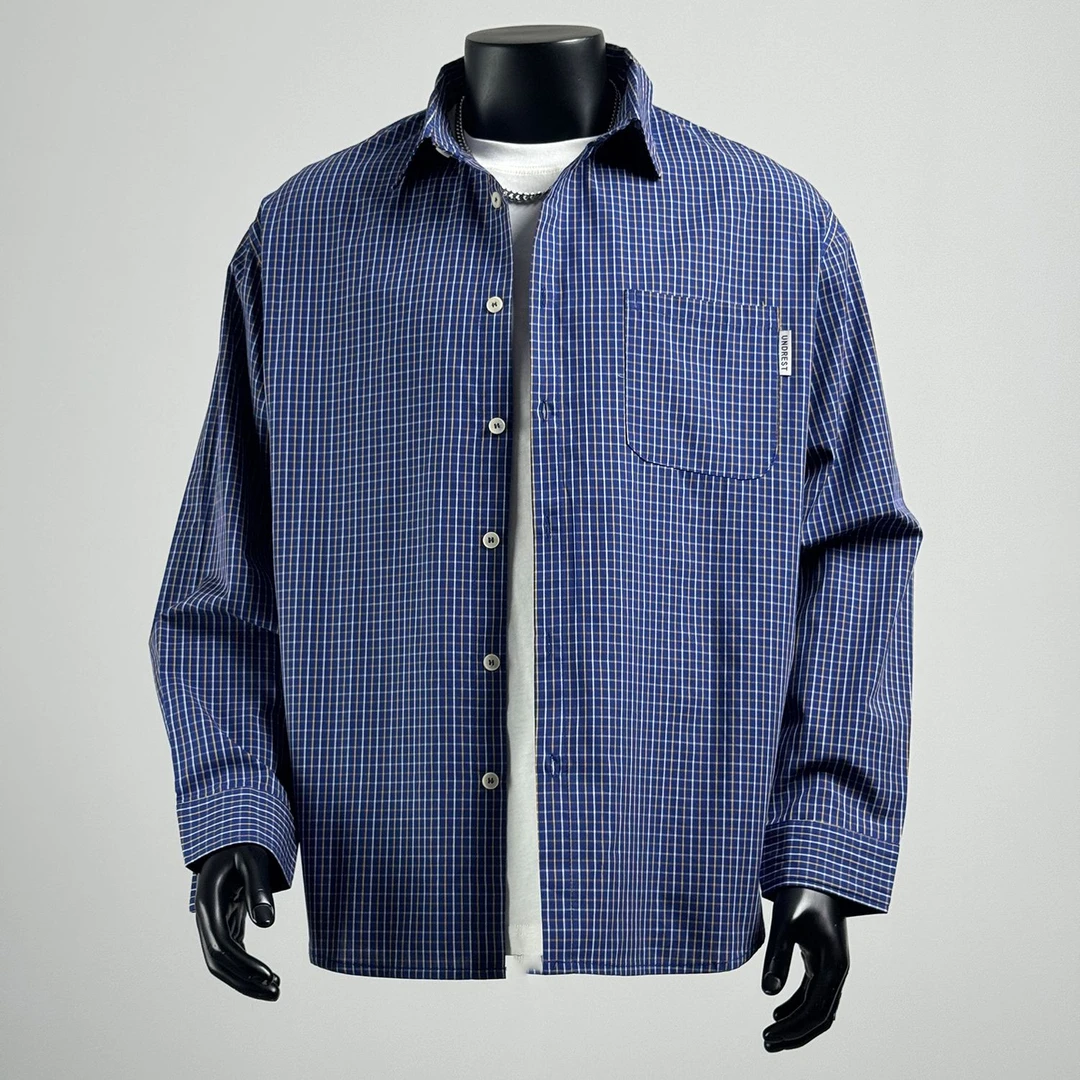 ohmmayby秋季简约小格子长袖衬衫男美式百搭宽松潮牌外套休闲衬衣