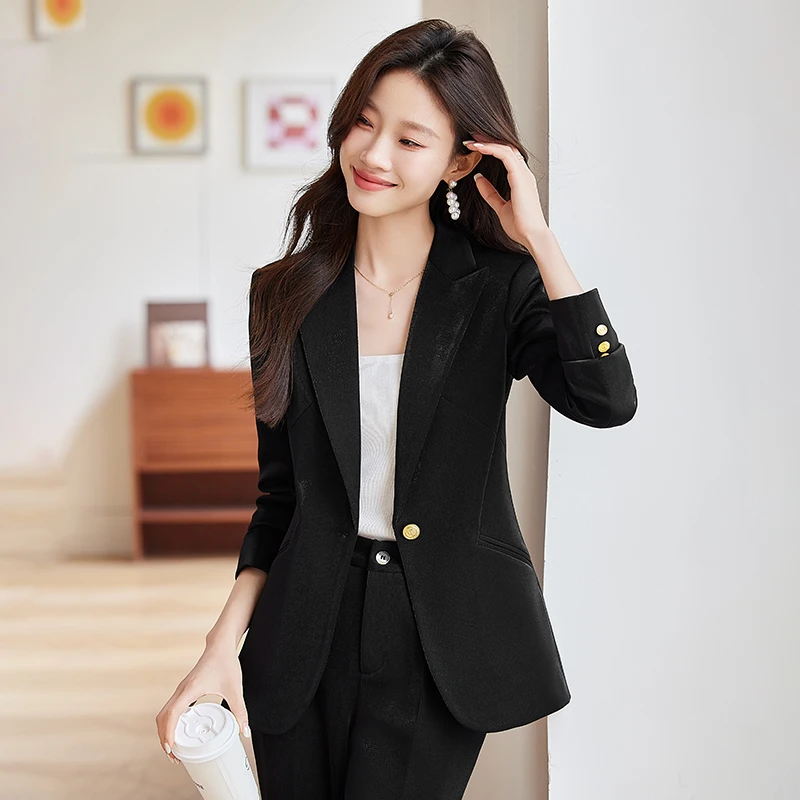黑色春秋职业西装套装女显瘦小个子气质长袖女神范主持面试工作服