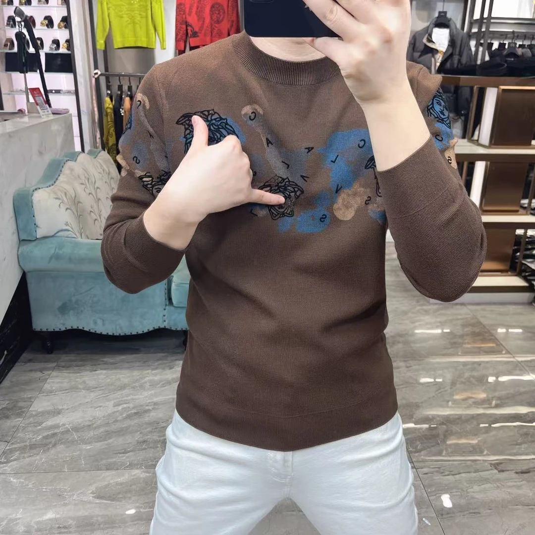 【特价】新款加厚针织长袖男欧货四平针植绒提花喷绘轻奢时尚6818