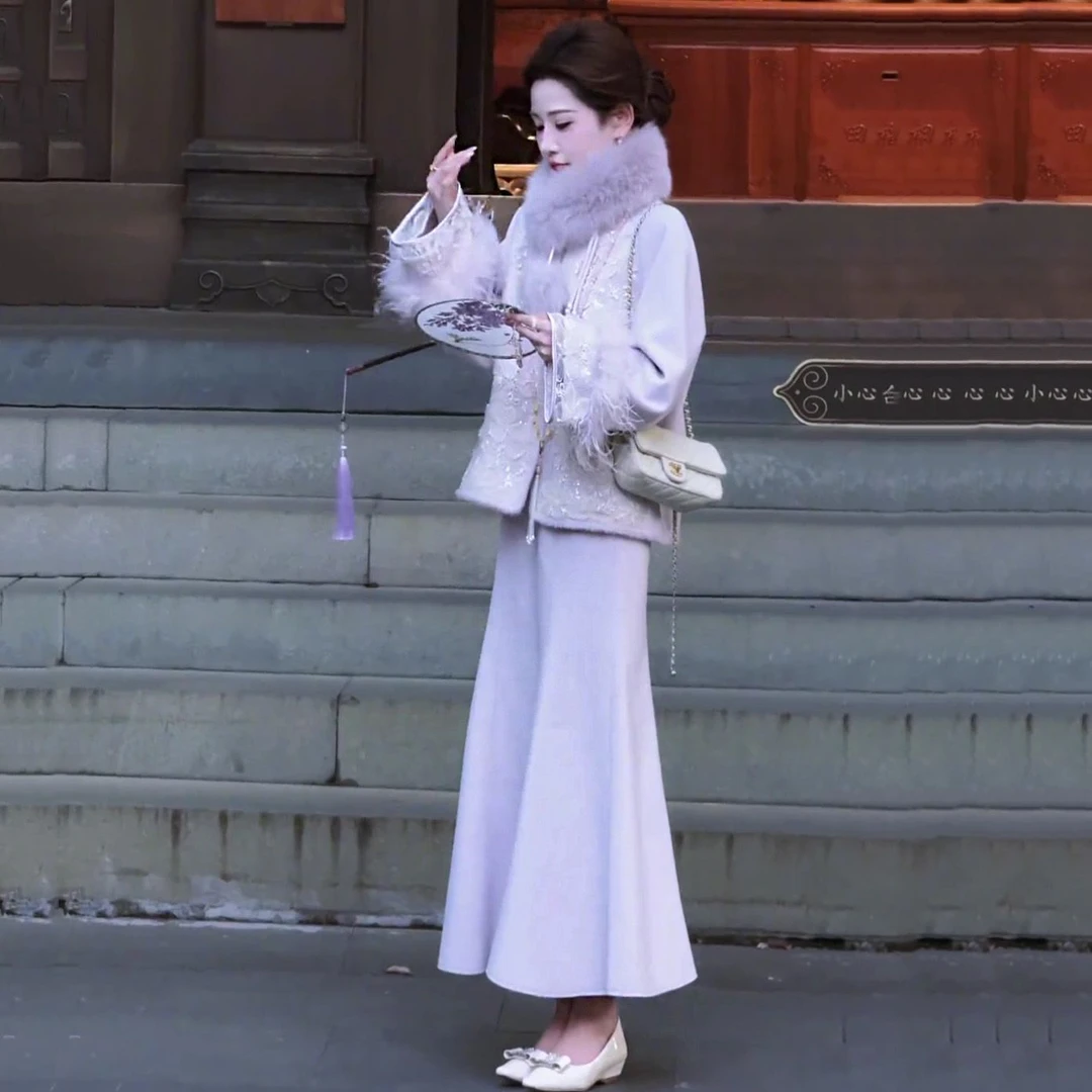 冬季新款时尚洋气复古国风新中式毛呢上衣半身裙套装高级减龄显瘦