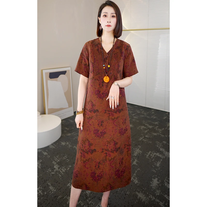 2025夏季时尚浪漫大牌杭州香云纱真丝连衣裙女气质妈妈桑蚕丝裙子