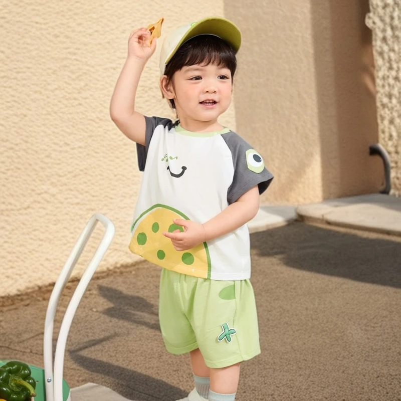 夏季2025新款薄款06儿童休闲短袖短裤套装男童女童夏装印花两件套