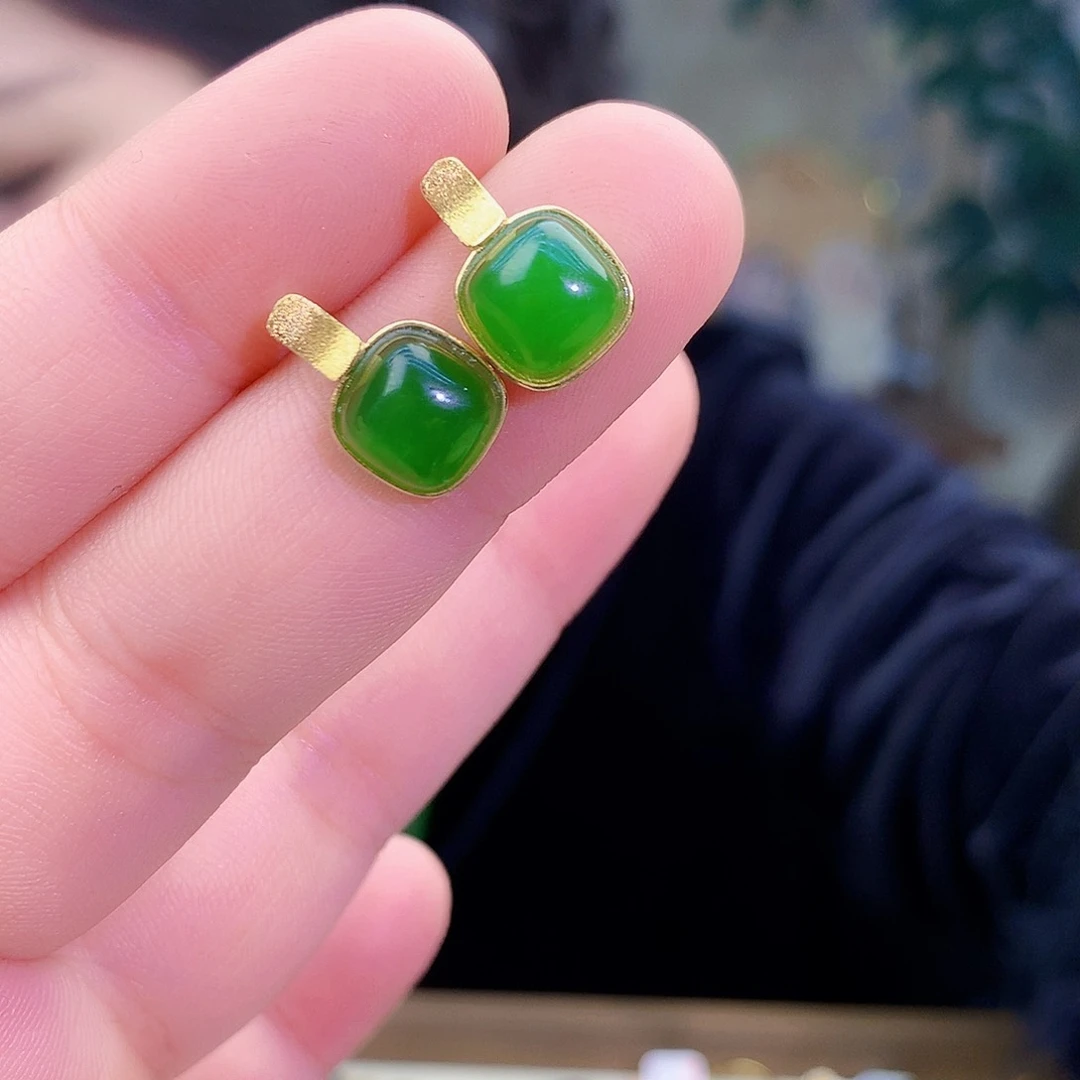 吊坠(不含链)银S925镶嵌和田玉（碧玉）耳钉