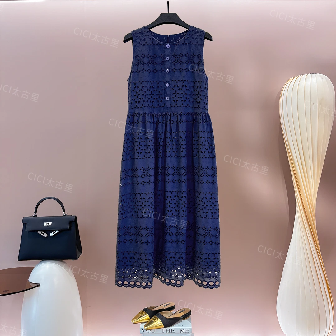 菡萏垂云 法式镂空温柔甜美度假风天 丝棉背心连衣裙YLG-6000180