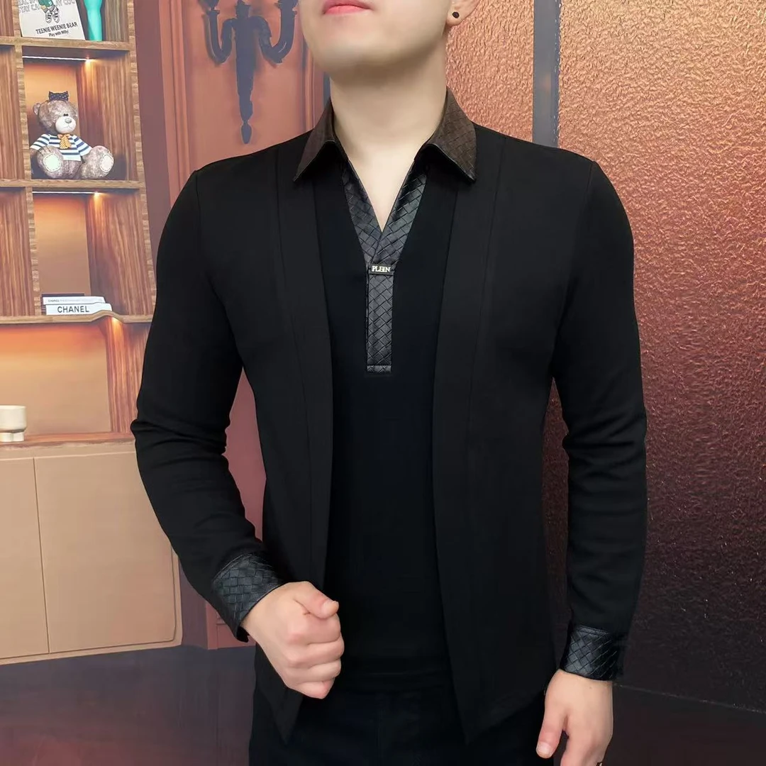 《黑爵绅士》冬季新款假两件加绒卫衣时尚男士长袖修身帅气休闲1