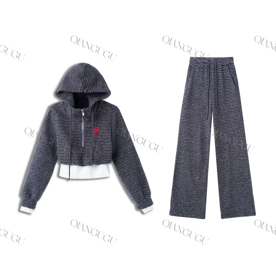 「咖啡奶冻」条纹时尚休闲韩版轻奢设计师加厚高定简约秋冬女套装