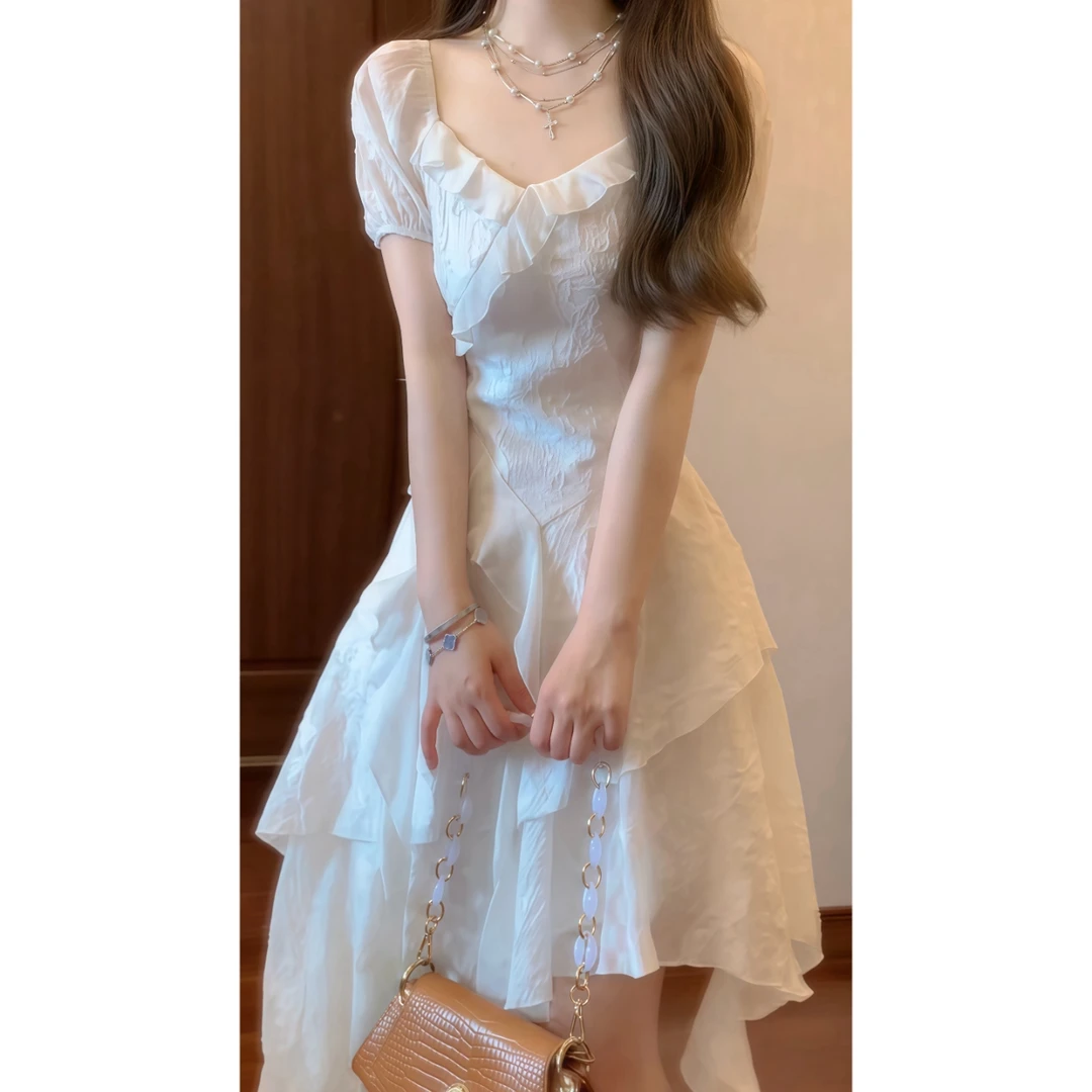 法式设计感荷叶边连衣裙泡泡袖不规则裙摆超仙甜美在逃公主裙9586